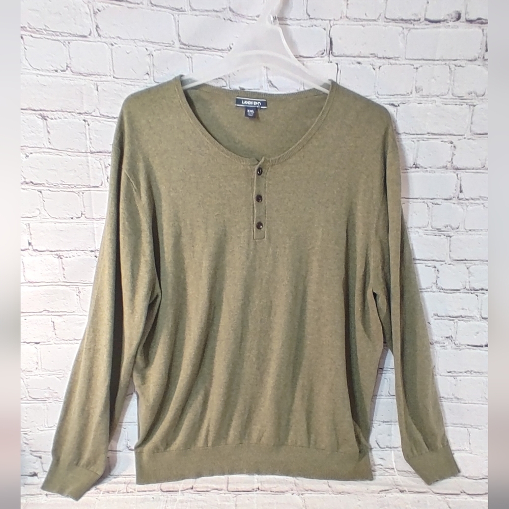 Lands End Mens XXL Henley Cashmere Blend Sweater Olive Green